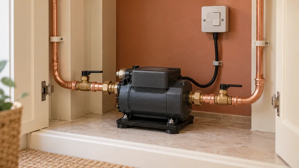 Compact enclosed water booster installed with accessible pipe connections and electrical isolation