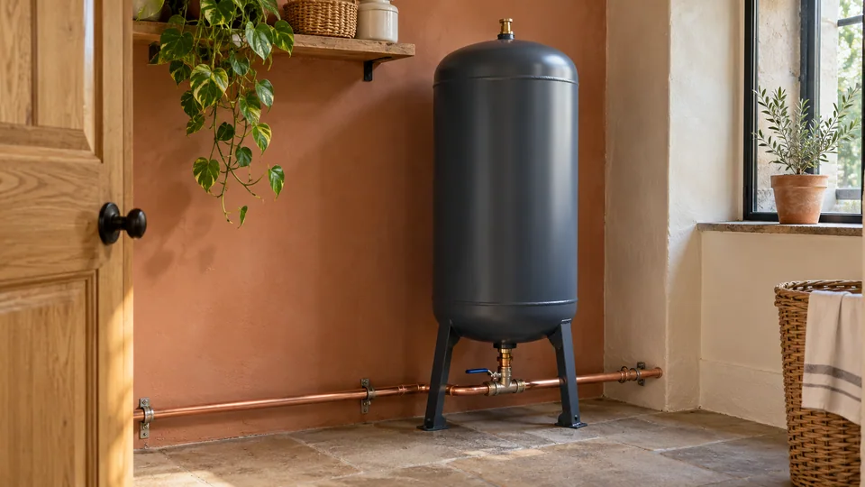 Cold-water accumulator vessel on a supported stand with an accessible bottom water connection