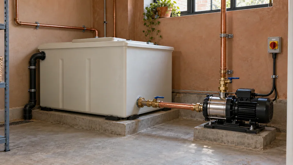 Cold-water break tank and booster pump arranged with accessible pipework in a residential plant room