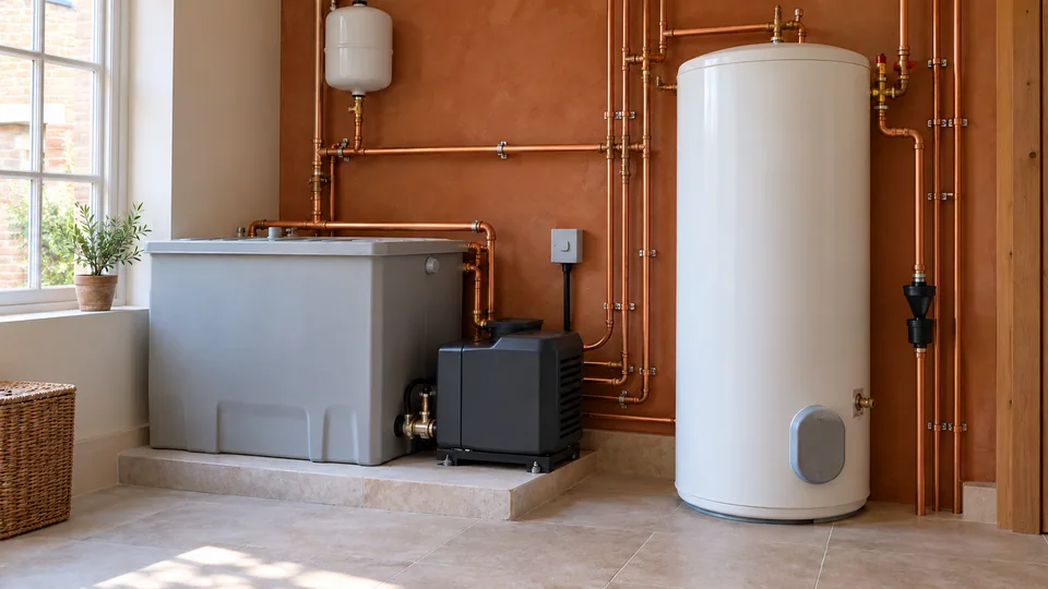 Separate cold-water booster equipment and an unvented hot-water cylinder within a domestic plant room
