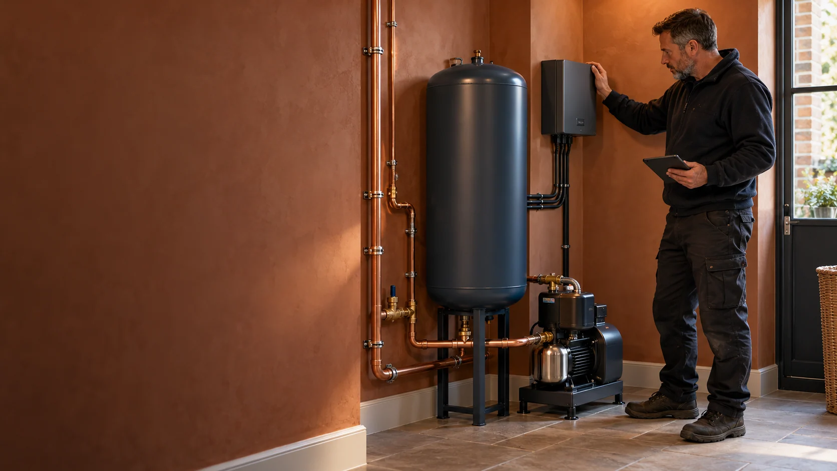 Installer reviewing a water booster and accumulator arrangement in a warm terracotta utility room
