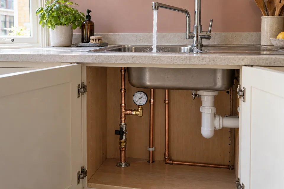 Pressure gauge on an incoming water pipe beneath a kitchen sink, with the cold tap running above