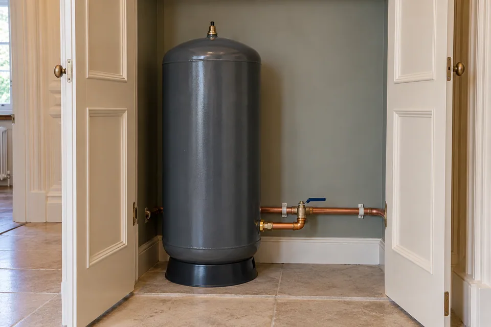 Tall cold-water accumulator with a single lower pipe connection inside an accessible utility cupboard