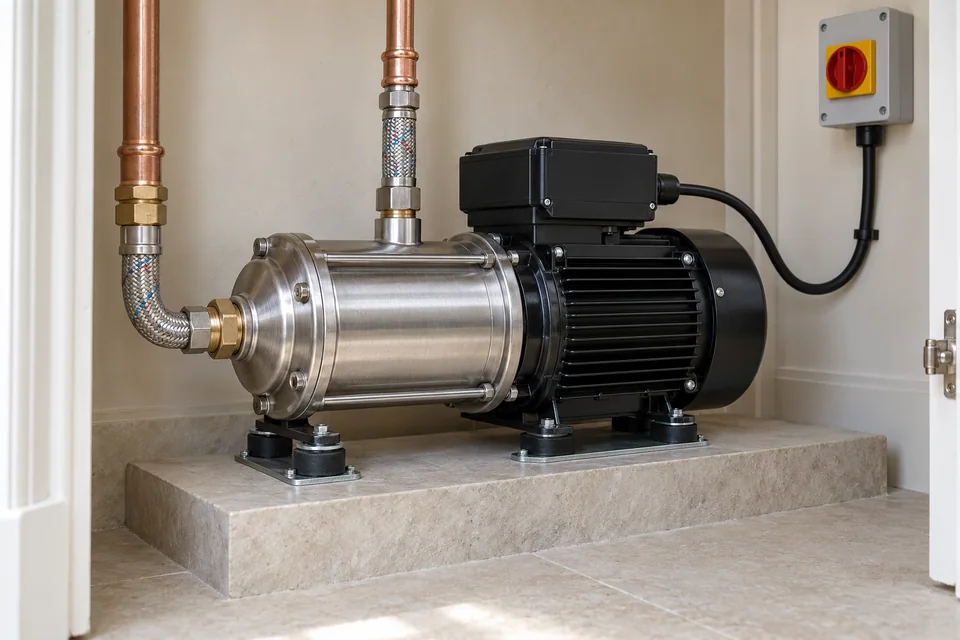 Close view of a stainless-steel booster pump on resilient mounts with accessible pipework and an electrical isolator