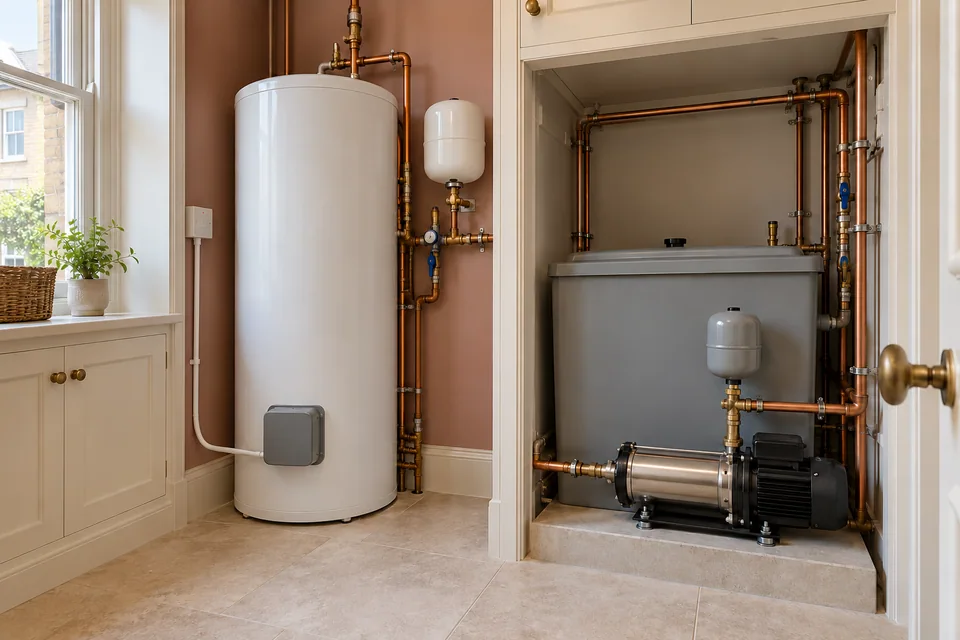 Utility-room view of a hot-water cylinder beside a separate cold-water booster arrangement