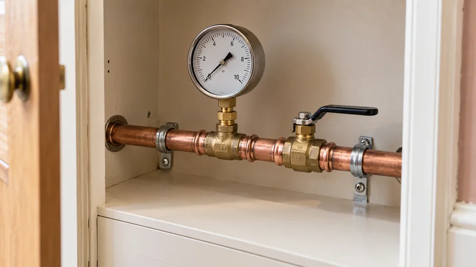 Analogue pressure gauge connected to a cold-water supply test point inside a utility cupboard.
