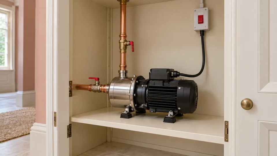 Compact water booster pump with supported copper pipework and a wall-mounted electrical isolator in a utility cupboard.