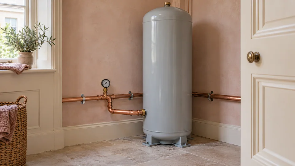 Unpumped cold-water accumulator with a low-level connection to the supply pipe in an accessible utility space.