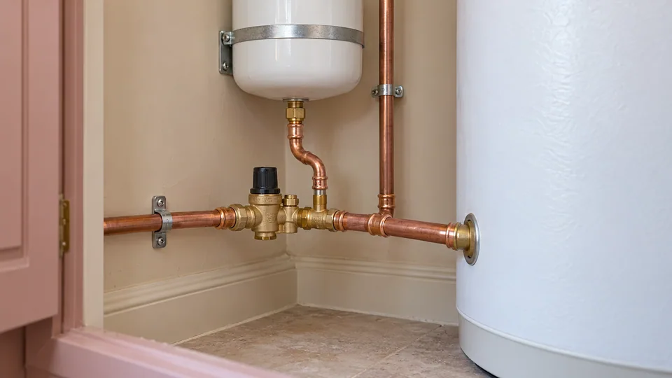 Press-fit cold-water pipework and inlet controls beside an unvented hot-water cylinder in a domestic plant cupboard.