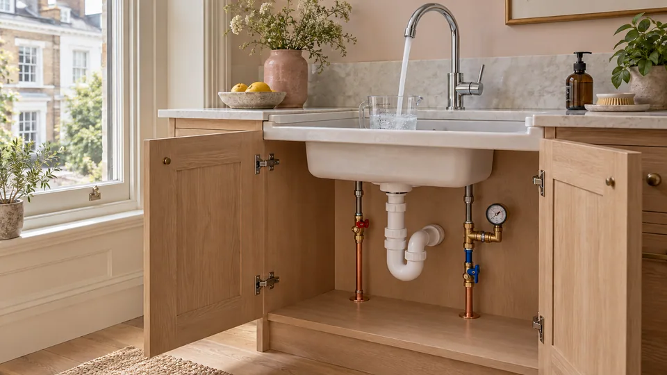 Pressure gauge connected to the cold-water supply below a utility sink while water runs into a measuring jug.