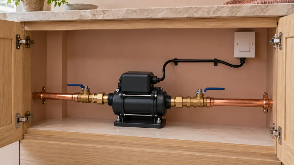 Compact inline water booster supported inside an accessible service cupboard, with copper connections and a wired electrical isolator.