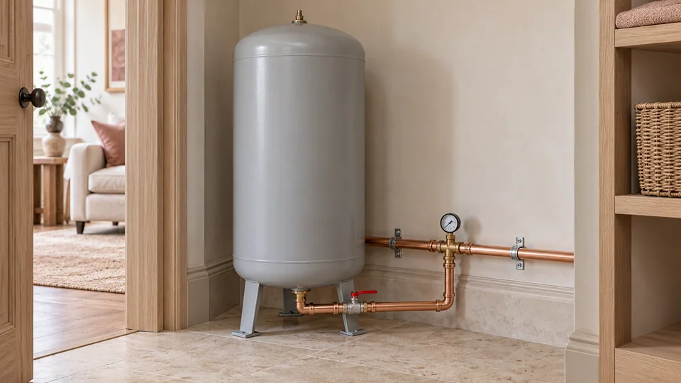 Upright cold-water accumulator on three feet, with a single bottom water connection and accessible isolation valve.