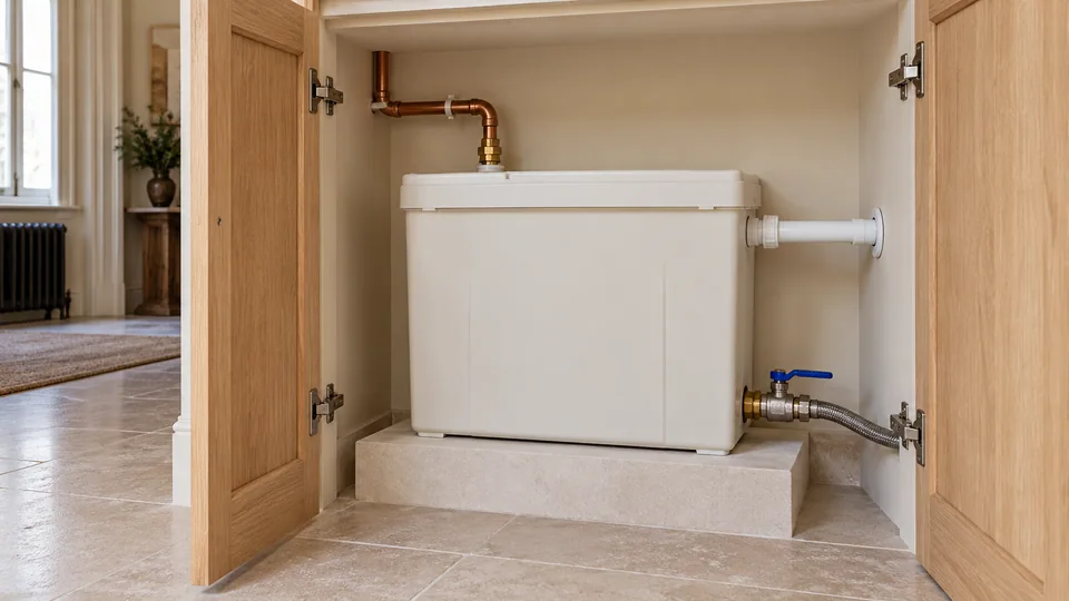 Covered rectangular cold-water storage tank with accessible lid and connections inside an open utility cupboard.