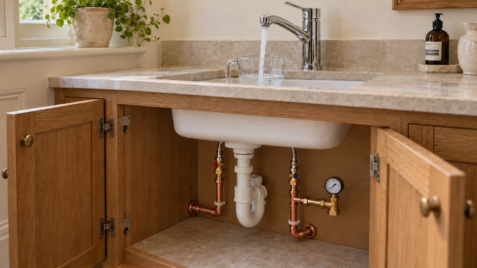 Water running from a monobloc utility tap into a measuring jug, with a pressure gauge connected to the cold-water pipe below.