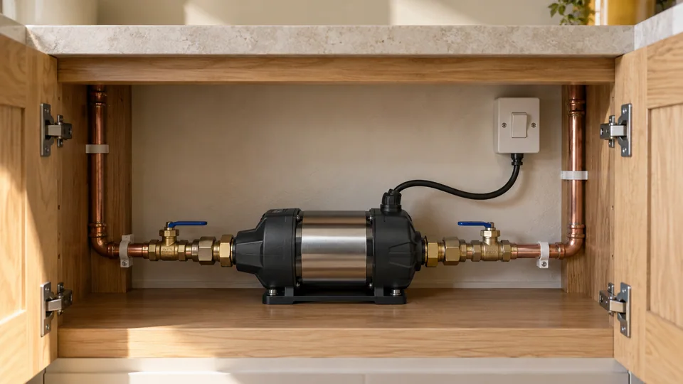 Compact inline water booster connected between copper cold-water pipes, with accessible isolation valves and a wired wall isolator.