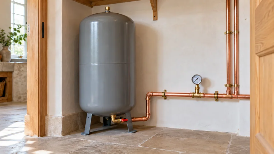 Upright grey cold-water accumulator connected at its base to supported copper distribution pipework in a service alcove.