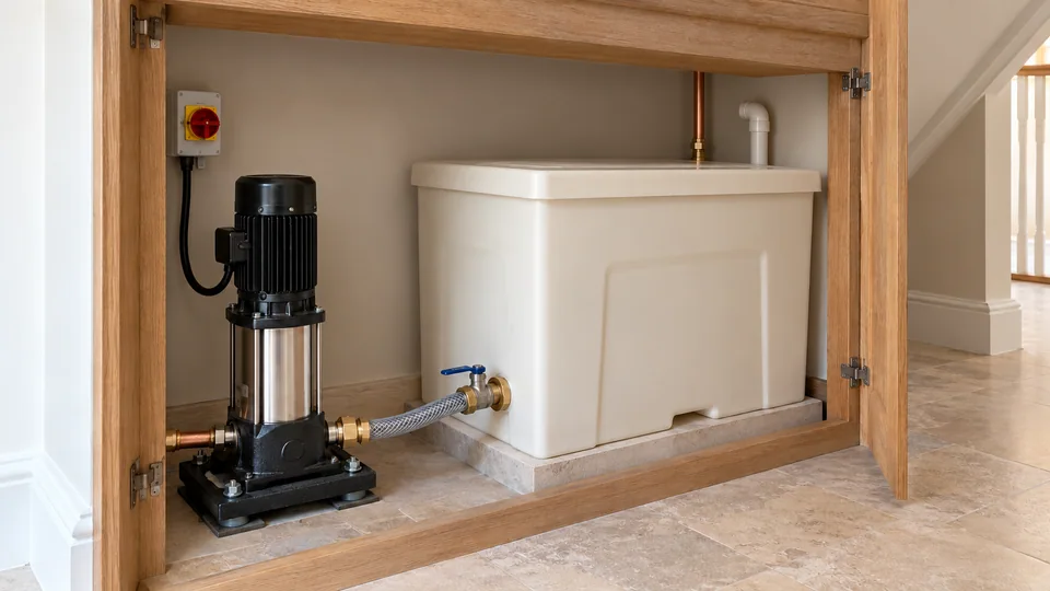 Cold-water storage tank and vertical booster pump in an open service cupboard with clear access to the lid, valves and electrical isolator.