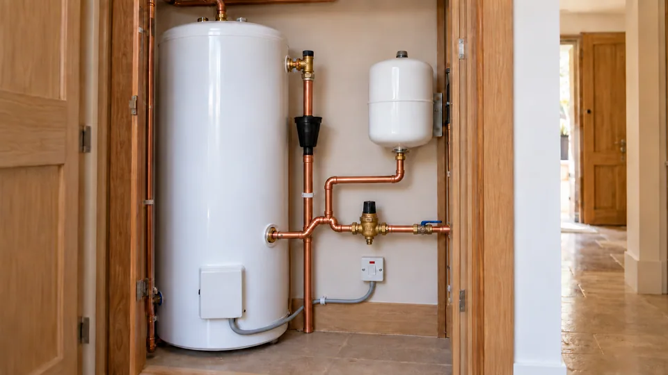 Unvented hot-water cylinder with a potable-water expansion vessel, inlet controls and a visible tundish in a finished service cupboard.