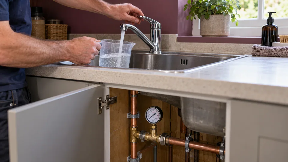 Plumber checking a connected pressure gauge and water flow at a utility sink.