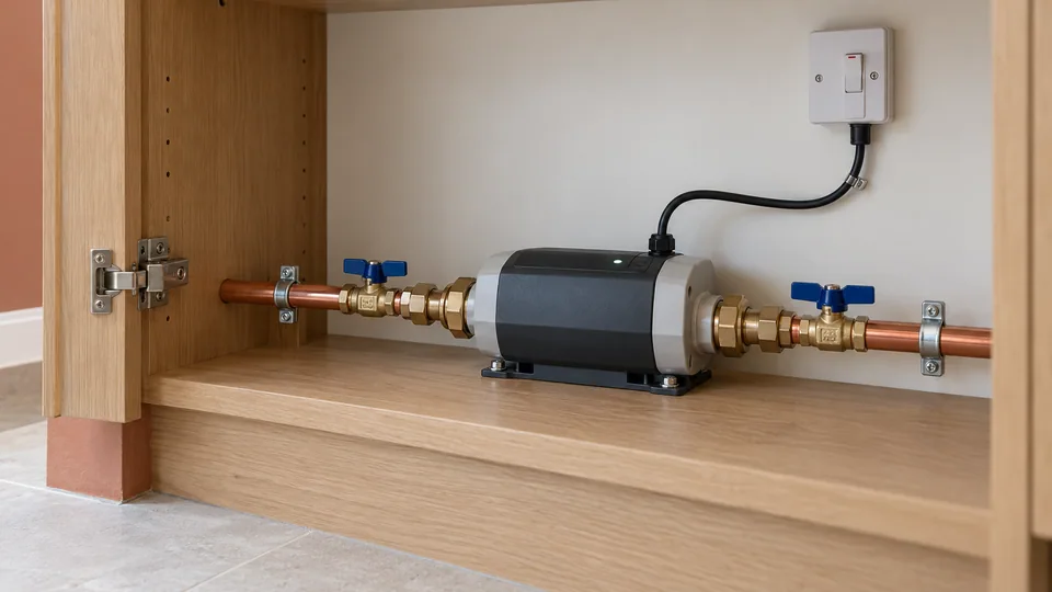 Compact inline water booster with accessible valves and supported copper pipework inside a utility cabinet.