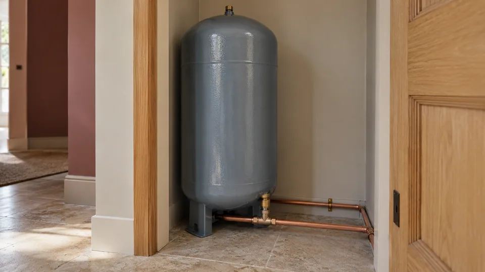 Vertical cold-water accumulator with an accessible lower connection in a domestic service cupboard.