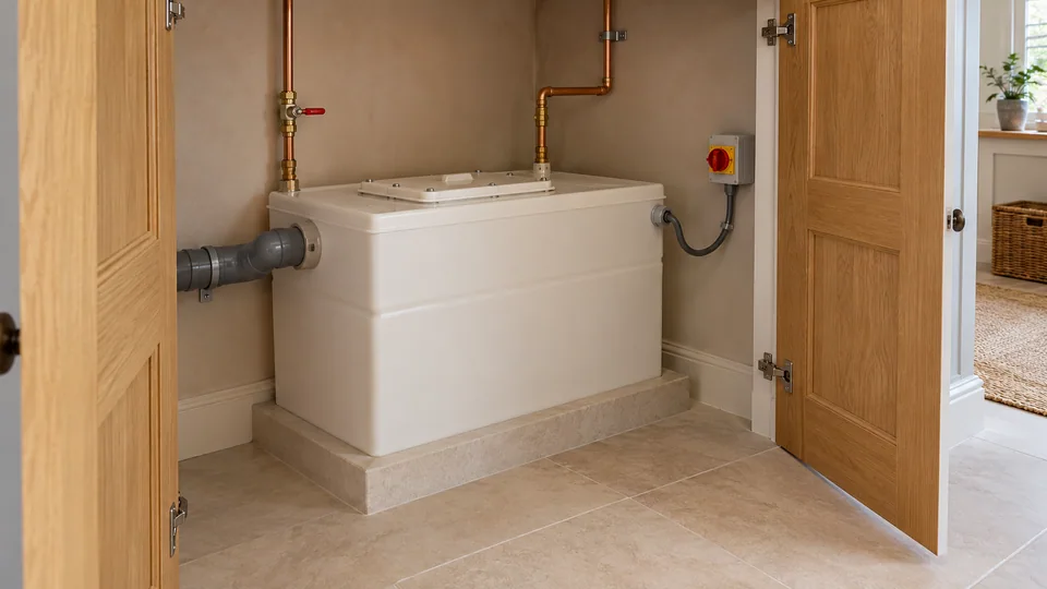 Cold-water booster storage unit with an accessible lid, pipe connections and electrical isolation in a utility cupboard.