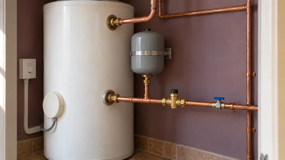 Hot-water cylinder beside accessible cold-water controls, an expansion vessel and supported copper pipework.