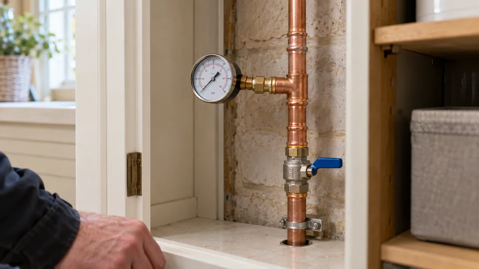 Pressure gauge connected to copper supply pipework in an open utility cupboard