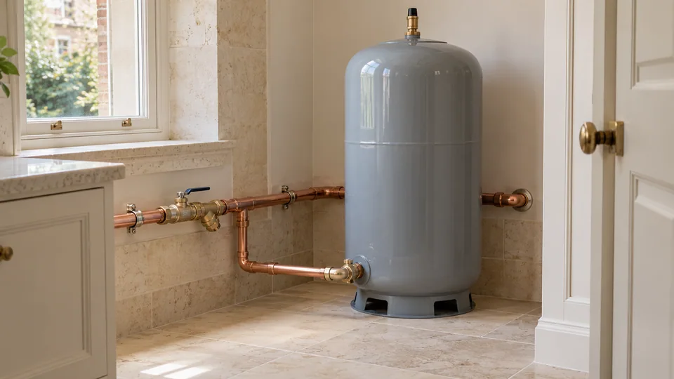 Floor-standing water accumulator connected to a copper distribution pipe in a spacious utility alcove