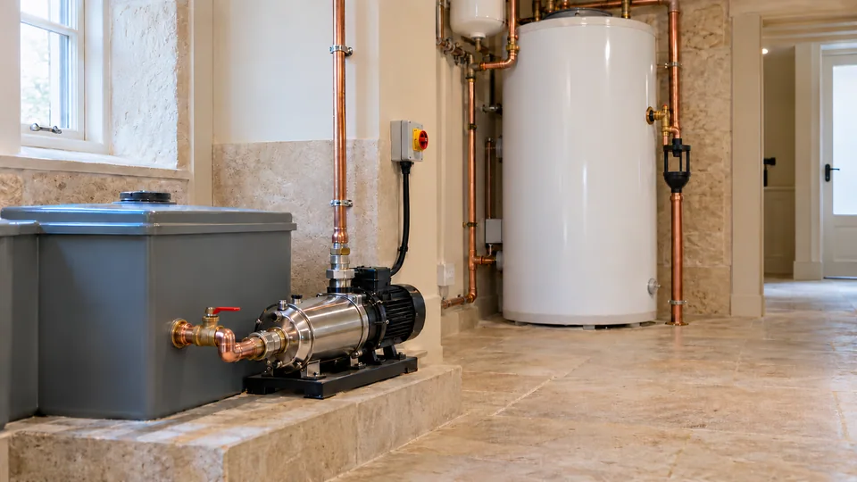 Water booster equipment and an unvented hot-water cylinder arranged in a residential plant room
