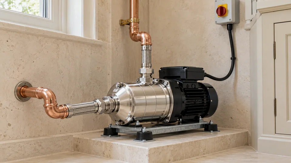 Close-up of a stainless-steel booster pump on vibration-isolating mounts with supported copper pipework