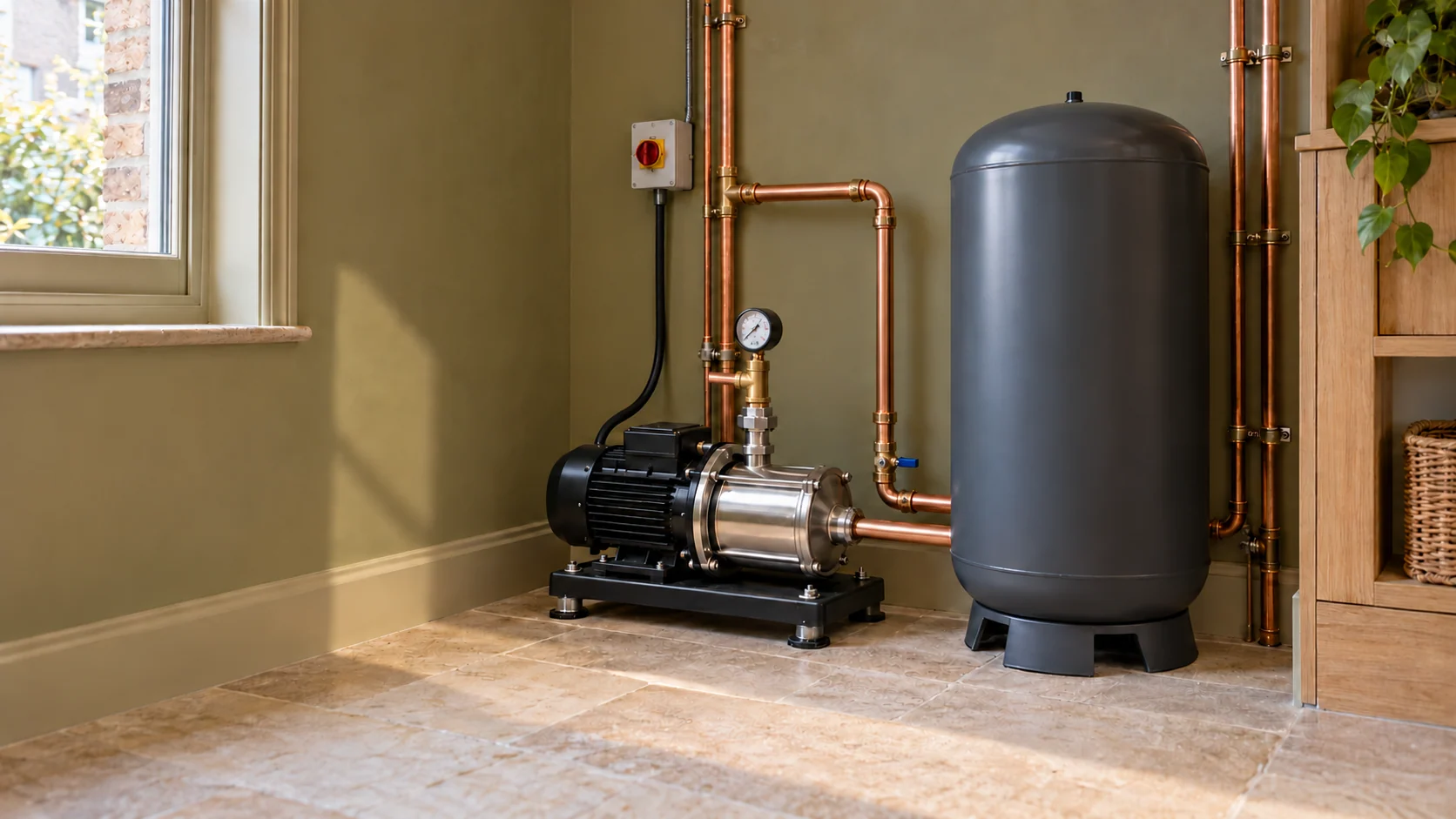 Stainless-steel water booster pump and graphite accumulator with copper pipework in an olive-toned domestic utility room.