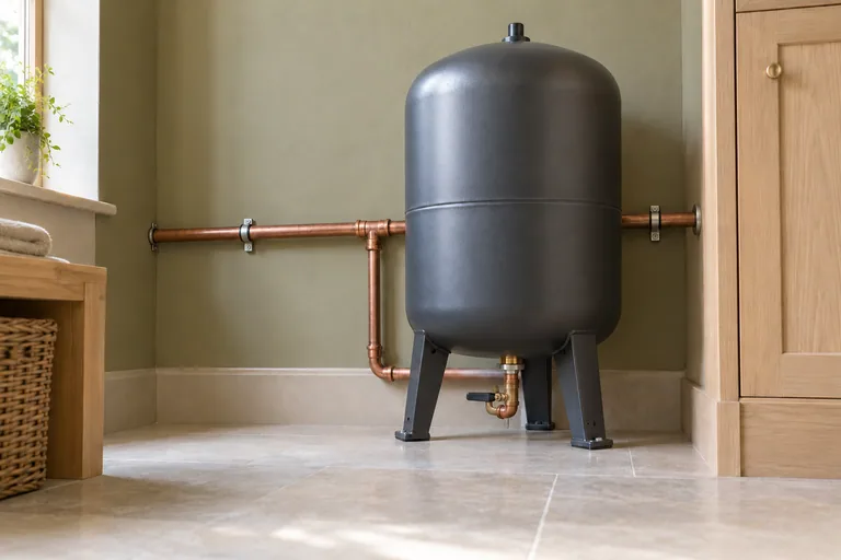 Graphite cold-water accumulator with a bottom connection and accessible copper pipework in a domestic utility space.