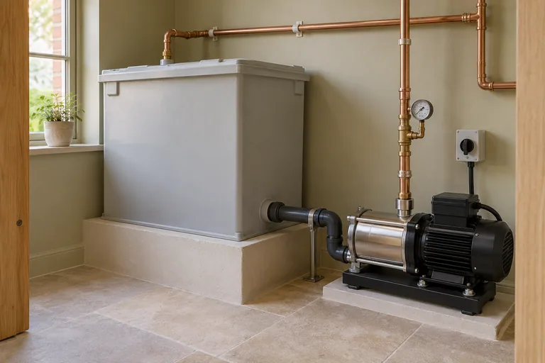 Covered cold-water storage tank and separate booster pump with accessible pipework in a clean plant area.