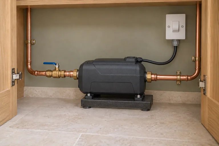 Compact inline water booster with supported copper connections inside an open oak service cupboard.