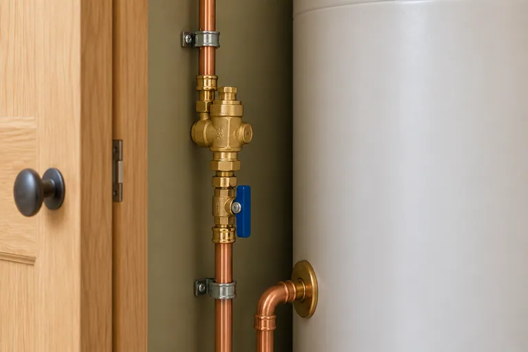 Cold-water inlet controls and supported copper pipework beside an insulated hot-water cylinder.