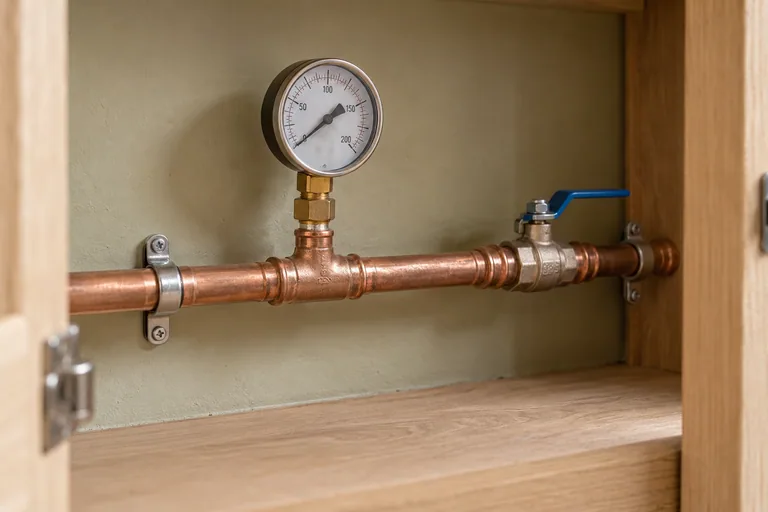 Pressure-test gauge connected to copper cold-water pipework inside an accessible utility cupboard.