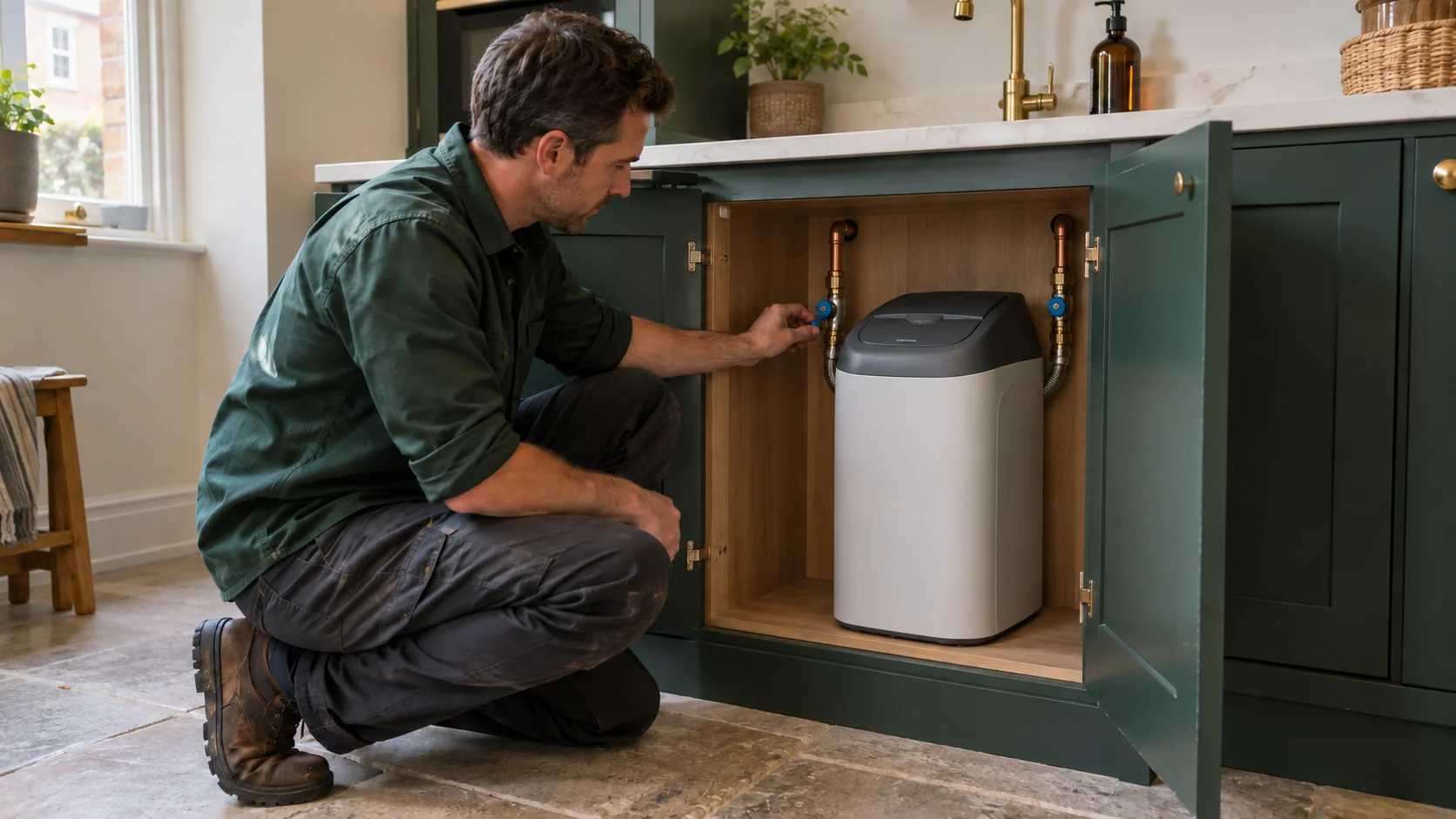 A plumber checking access beside a compact water softener in an open kitchen cabinet.