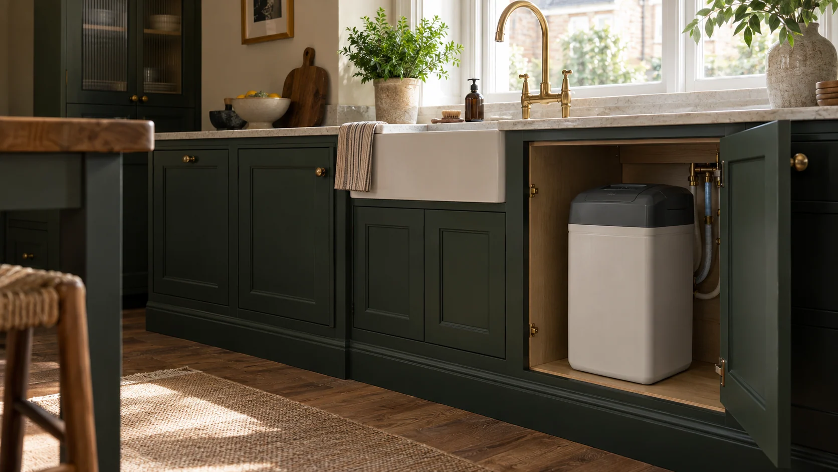 A compact water softener in an open forest-green kitchen cabinet beneath an ivory worktop.