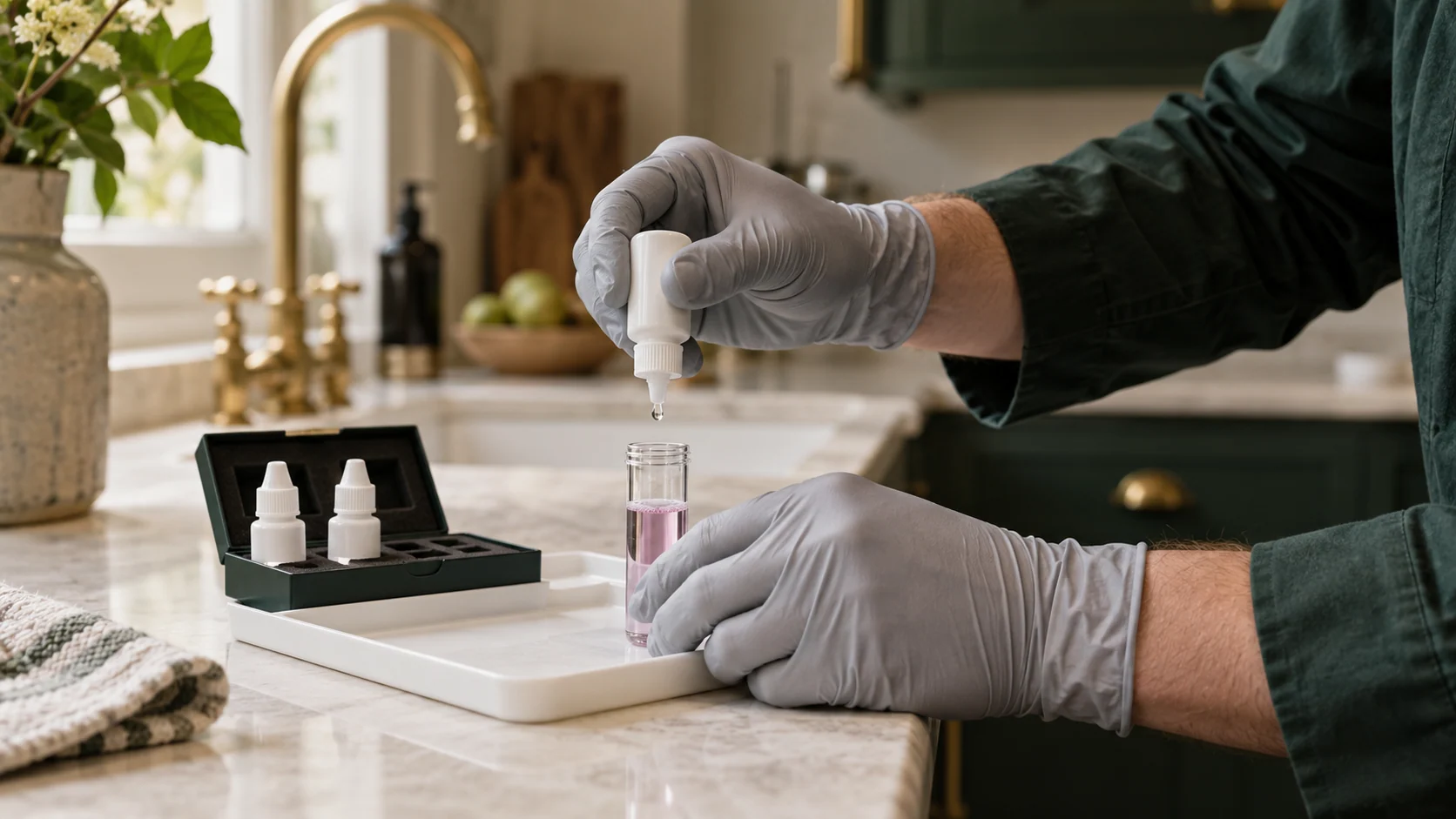 Gloved hands adding reagent to a pink water sample during a drop-count hardness test on a protected kitchen worktop.