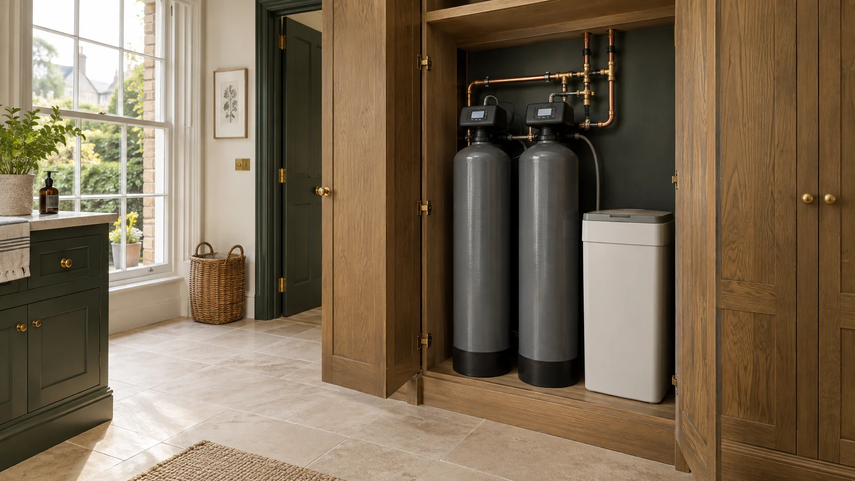 Twin resin vessels and a separate salt cabinet in a tidy domestic water-treatment alcove.