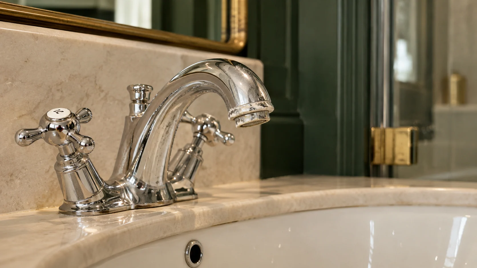Close-up of white limescale deposits around a bathroom tap outlet above a ceramic basin.