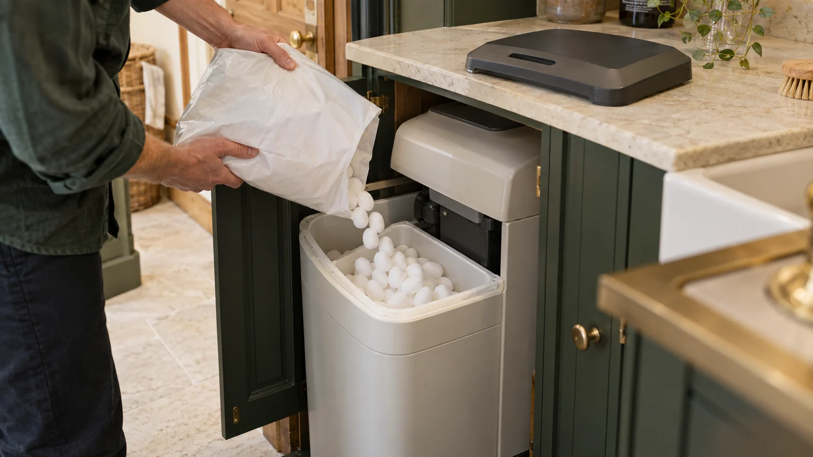 Hands pouring white water-softener salt tablets into an open salt compartment with clear access above the appliance.