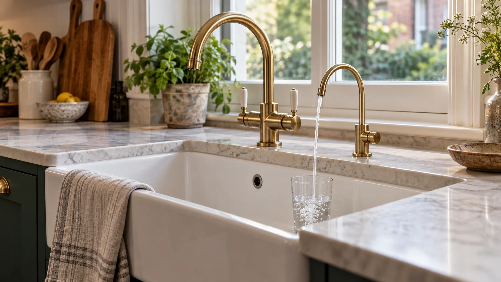 A separate small drinking-water tap filling a clear glass beside the main mixer tap in a green and ivory kitchen.